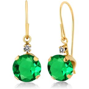 Gem Stone King 14K Yellow Gold Green Nano Emerald and White Diamond Leverback Dangle Earrings For Women (1.57 Cttw, Gemstone May Birthstone, Round 6MM)