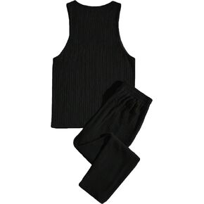 OYOANGLE Men's 2 Piece Set Knitted Solid Sleeveless Scoop Neck Tank Top and Elastic Waist Wide Leg Pants