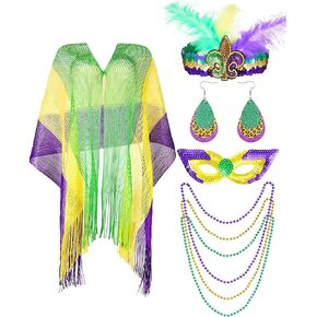 8 Pcs Mardi Gras Shawl Scarf Costume Accessories Set Mardi Gras Sequin Headband Mardi Gras Eye Patch Necklace Earrings for Women