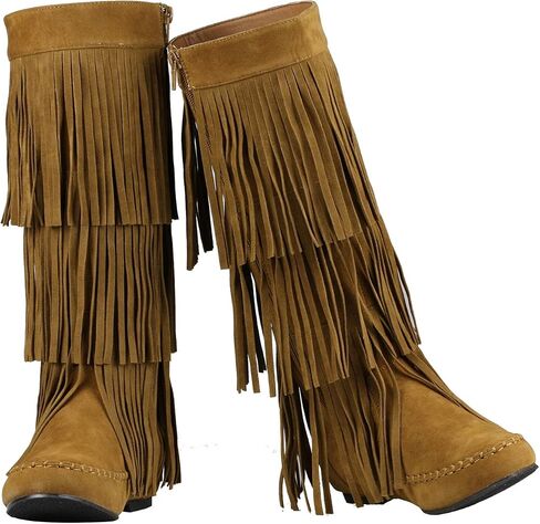 ShoBeautiful Womens Layered Fringe Mocassin  Knee High Zipper Flat Boot Faux Suede in Saudi Arabia