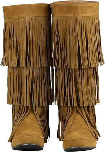 ShoBeautiful Womens Layered Fringe Mocassin  Knee High Zipper Flat Boot Faux Suede in Saudi Arabia