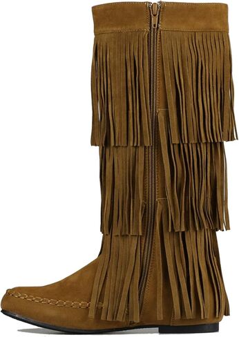 ShoBeautiful Womens Layered Fringe Mocassin  Knee High Zipper Flat Boot Faux Suede in Saudi Arabia