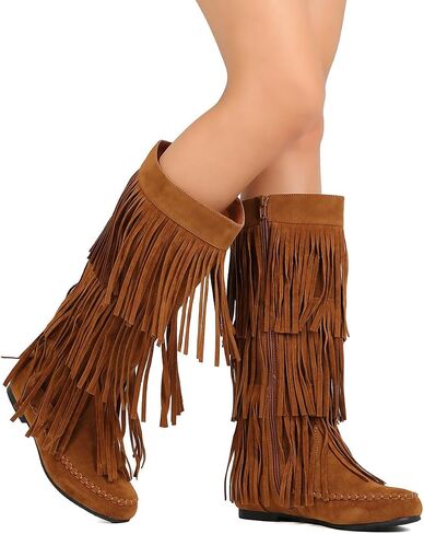 ShoBeautiful Womens Layered Fringe Mocassin  Knee High Zipper Flat Boot Faux Suede in Saudi Arabia