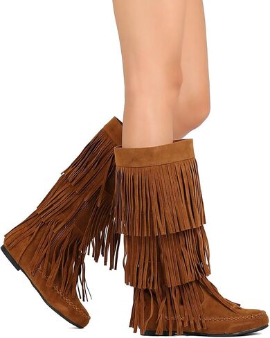 ShoBeautiful Womens Layered Fringe Mocassin  Knee High Zipper Flat Boot Faux Suede in Saudi Arabia