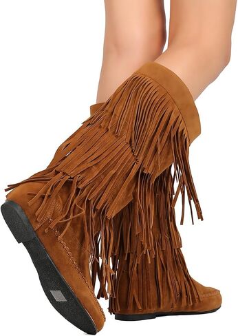 ShoBeautiful Womens Layered Fringe Mocassin  Knee High Zipper Flat Boot Faux Suede in Saudi Arabia