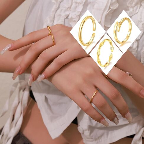 PLOMFOV خواتم قابلة للتعديل للنساء غير مشوهة 14K مطلية بالذهب حلقات قابلة للتكديس مجموعة خواتم المفصل مجموعة خواتم الاصبع مجموعة حلقة مفتوحة للنساء in Kuwait
