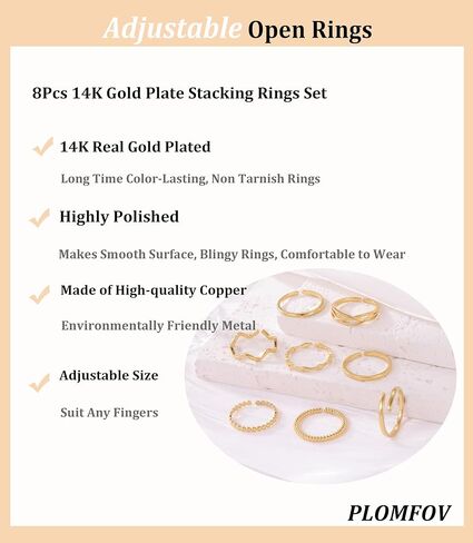 PLOMFOV خواتم قابلة للتعديل للنساء غير مشوهة 14K مطلية بالذهب حلقات قابلة للتكديس مجموعة خواتم المفصل مجموعة خواتم الاصبع مجموعة حلقة مفتوحة للنساء in Kuwait