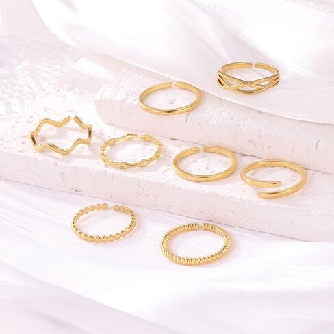 PLOMFOV خواتم قابلة للتعديل للنساء غير مشوهة 14K مطلية بالذهب حلقات قابلة للتكديس مجموعة خواتم المفصل مجموعة خواتم الاصبع مجموعة حلقة مفتوحة للنساء in Kuwait