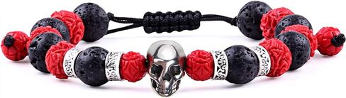 Lava Rock Bracelets For Men, 10mm Natural Stone Lava Rock Skull Bracelet for Men Two-Wire Handmade Adjustable Bead Bracelet Men, Essential Oil Bracelet Gifts for Boyfriend Husband Father Halloween in Kuwait