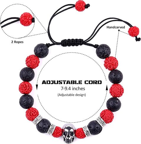 Lava Rock Bracelets For Men, 10mm Natural Stone Lava Rock Skull Bracelet for Men Two-Wire Handmade Adjustable Bead Bracelet Men, Essential Oil Bracelet Gifts for Boyfriend Husband Father Halloween in Kuwait