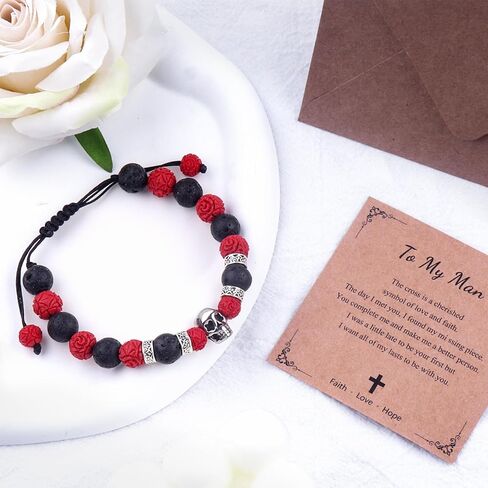 Lava Rock Bracelets For Men, 10mm Natural Stone Lava Rock Skull Bracelet for Men Two-Wire Handmade Adjustable Bead Bracelet Men, Essential Oil Bracelet Gifts for Boyfriend Husband Father Halloween in Kuwait