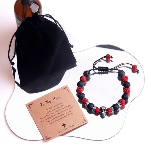 Lava Rock Bracelets For Men, 10mm Natural Stone Lava Rock Skull Bracelet for Men Two-Wire Handmade Adjustable Bead Bracelet Men, Essential Oil Bracelet Gifts for Boyfriend Husband Father Halloween in Kuwait