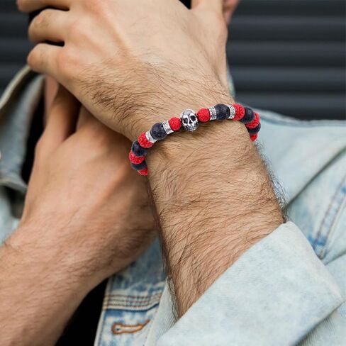 Lava Rock Bracelets For Men, 10mm Natural Stone Lava Rock Skull Bracelet for Men Two-Wire Handmade Adjustable Bead Bracelet Men, Essential Oil Bracelet Gifts for Boyfriend Husband Father Halloween in Kuwait