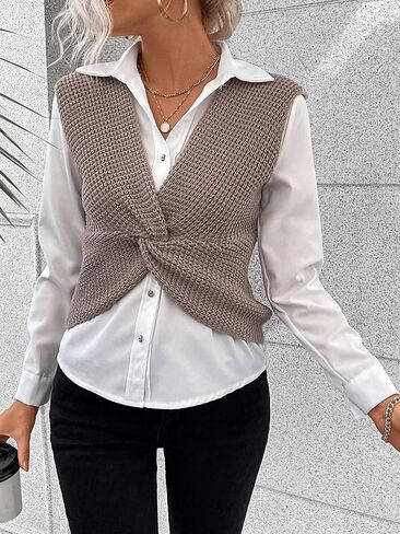 SweatyRocks المرأة عادية أكمام الخامس الرقبة المحاصيل سترة سترة تويست الجبهة تويست الجبهة البلوز تريكو تانك القمم in Saudi Arabia