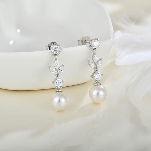 FATACI Women Bridal Wedding Earrings 925 Sterling Silver Pearl Dangle & Drop Earrings with 5A Cubic Zirconia for Brides Bridesmaids Mother Girlfriend Grandma Wife Jewerly Gifts in Kuwait