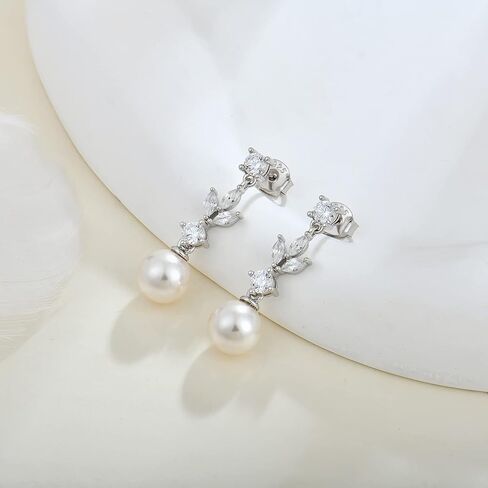 FATACI Women Bridal Wedding Earrings 925 Sterling Silver Pearl Dangle & Drop Earrings with 5A Cubic Zirconia for Brides Bridesmaids Mother Girlfriend Grandma Wife Jewerly Gifts in Kuwait