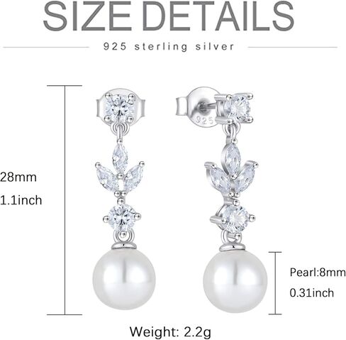 FATACI Women Bridal Wedding Earrings 925 Sterling Silver Pearl Dangle & Drop Earrings with 5A Cubic Zirconia for Brides Bridesmaids Mother Girlfriend Grandma Wife Jewerly Gifts in Kuwait