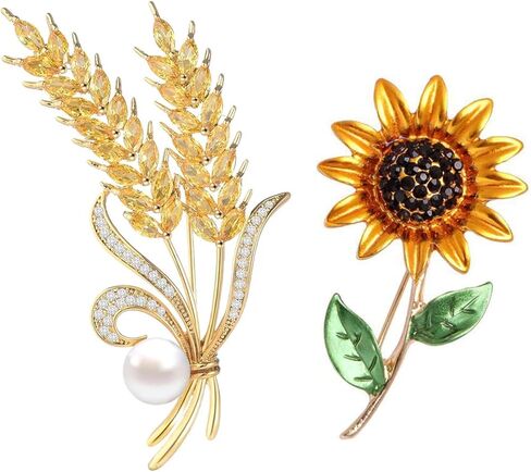 Weenkeey 2 Pcs Sunflower Brooch Pin Women Austria Crystal Rhinestones Brooch Safety Pin Fashion Wheat Ears Brooch Wedding Bridal Brooches Collar Lapel Pin Badge for Dress Shirts Coat - Gold in Kuwait