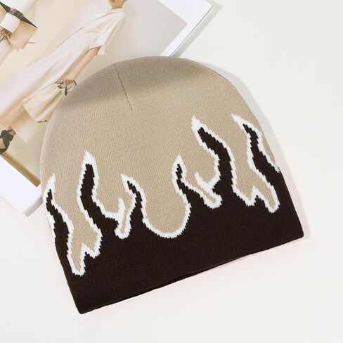 XJLLJJZJL Coffee Flame Beanie Fire Flame Skullies Knitted Hip Hop Hat Gothic Punk Beanies Casual Outdoor Ski Hat Slouchy Skull Cap, Coffee, M-L in Kuwait