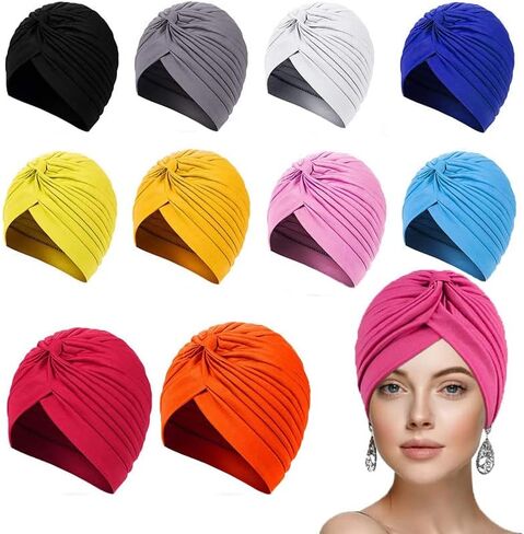 BISMAADH 10 Pieces Stretch Turbans Head Beanie Cap Chemo Head Wraps Hair Cover Hats Assorted Colors Twisted for Women Girl in Saudi Arabia
