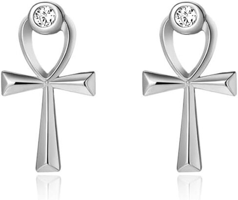 Coptic Ankh Cross Stud Earrings for Women Girls 925 Sterling Silver CZ Crystal Minimalist Cute Studs Cartilage Hypoallergenic Piercing Post Dainty Faith Christmas Birthday Jewelry Unisex Gifts for Prayer in Saudi Arabia