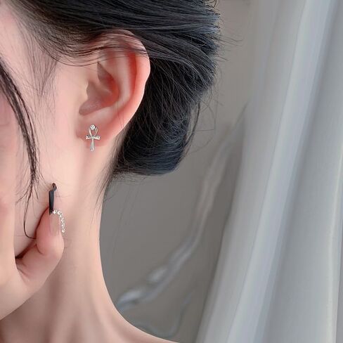 Coptic Ankh Cross Stud Earrings for Women Girls 925 Sterling Silver CZ Crystal Minimalist Cute Studs Cartilage Hypoallergenic Piercing Post Dainty Faith Christmas Birthday Jewelry Unisex Gifts for Prayer in Saudi Arabia