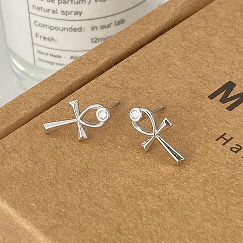 Coptic Ankh Cross Stud Earrings for Women Girls 925 Sterling Silver CZ Crystal Minimalist Cute Studs Cartilage Hypoallergenic Piercing Post Dainty Faith Christmas Birthday Jewelry Unisex Gifts for Prayer in Saudi Arabia
