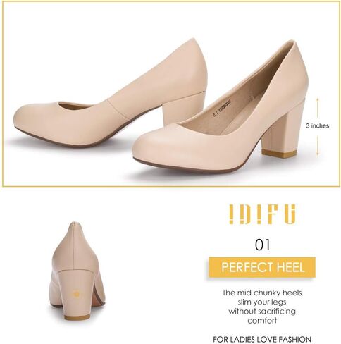 IDIFU Women's Sherry Dress Low Block Chunky Heels Pumps Closed Round Toe Shoes for Wedding Office Evening in Kuwait