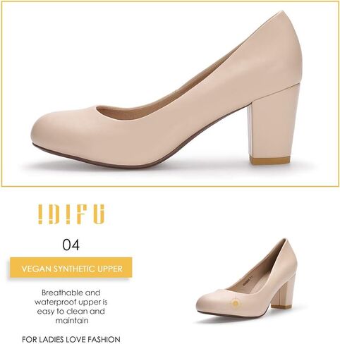 IDIFU Women's Sherry Dress Low Block Chunky Heels Pumps Closed Round Toe Shoes for Wedding Office Evening in Kuwait