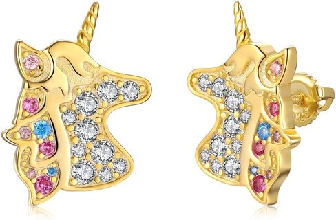 أقراط فضية على شكل وحيد القرن للفتيات - 925 من الفضة الإسترلينية الرقيقة من الذهب والمجوهرات على شكل وحيد القرن أقراط خلفية للنساء، حلق على شكل وحيد القرن على شكل حيوان ملون للفتيات الصغيرات هدايا عيد الميلاد in Kuwait