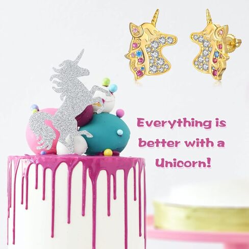 أقراط فضية على شكل وحيد القرن للفتيات - 925 من الفضة الإسترلينية الرقيقة من الذهب والمجوهرات على شكل وحيد القرن أقراط خلفية للنساء، حلق على شكل وحيد القرن على شكل حيوان ملون للفتيات الصغيرات هدايا عيد الميلاد in Kuwait