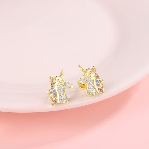 أقراط فضية على شكل وحيد القرن للفتيات - 925 من الفضة الإسترلينية الرقيقة من الذهب والمجوهرات على شكل وحيد القرن أقراط خلفية للنساء، حلق على شكل وحيد القرن على شكل حيوان ملون للفتيات الصغيرات هدايا عيد الميلاد in Kuwait