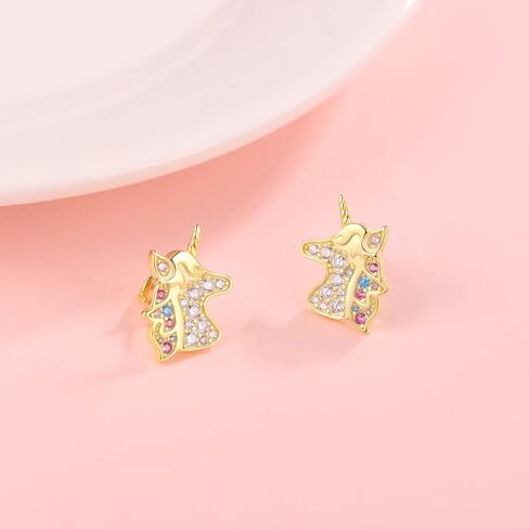 أقراط فضية على شكل وحيد القرن للفتيات - 925 من الفضة الإسترلينية الرقيقة من الذهب والمجوهرات على شكل وحيد القرن أقراط خلفية للنساء، حلق على شكل وحيد القرن على شكل حيوان ملون للفتيات الصغيرات هدايا عيد الميلاد in Kuwait