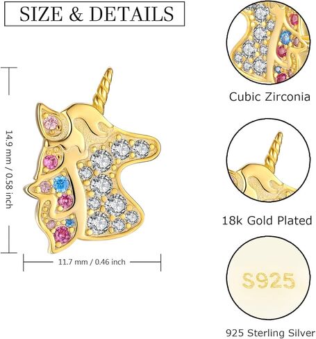 أقراط فضية على شكل وحيد القرن للفتيات - 925 من الفضة الإسترلينية الرقيقة من الذهب والمجوهرات على شكل وحيد القرن أقراط خلفية للنساء، حلق على شكل وحيد القرن على شكل حيوان ملون للفتيات الصغيرات هدايا عيد الميلاد in Kuwait