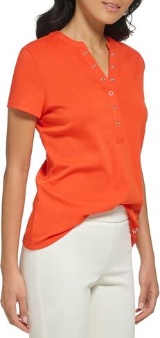 Calvin Klein Women's Lower Neckline 1x1 Rib Cotton Snap Detail Casual Short Sleeve in Saudi Arabia