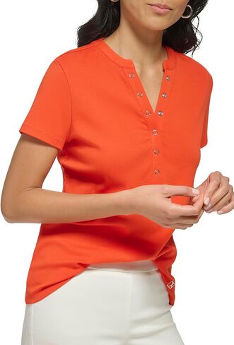 Calvin Klein Women's Lower Neckline 1x1 Rib Cotton Snap Detail Casual Short Sleeve in Saudi Arabia