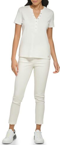 Calvin Klein Women's Lower Neckline 1x1 Rib Cotton Snap Detail Casual Short Sleeve in Saudi Arabia