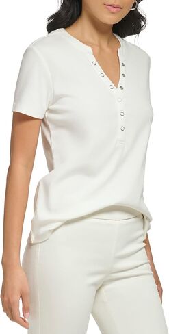 Calvin Klein Women's Lower Neckline 1x1 Rib Cotton Snap Detail Casual Short Sleeve in Saudi Arabia