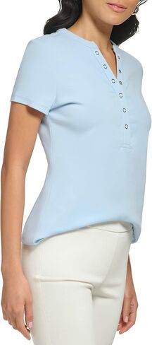 Calvin Klein Women's Lower Neckline 1x1 Rib Cotton Snap Detail Casual Short Sleeve in Saudi Arabia