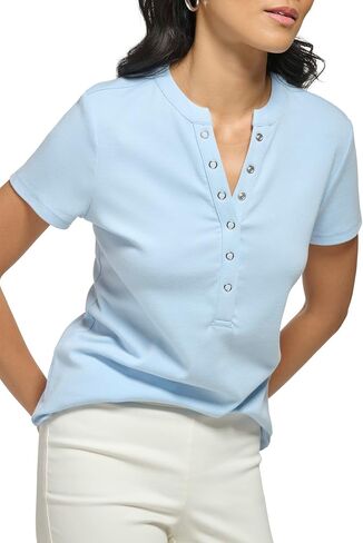 Calvin Klein Women's Lower Neckline 1x1 Rib Cotton Snap Detail Casual Short Sleeve in Saudi Arabia