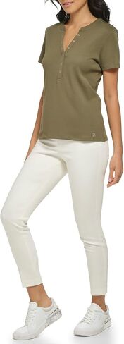 Calvin Klein Women's Lower Neckline 1x1 Rib Cotton Snap Detail Casual Short Sleeve in Saudi Arabia