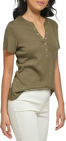 Calvin Klein Women's Lower Neckline 1x1 Rib Cotton Snap Detail Casual Short Sleeve in Saudi Arabia