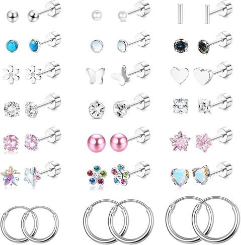 FUNRUN JEWELRY 21 Pairs Small Stainless Steel Stud Earrings for Women Hypoallergenic Silver Stud Earrings 20G Flat Back Earrings Hoop Earrings Cartilage Helix Earrings Piercing Jewelry, Metal, No in Kuwait