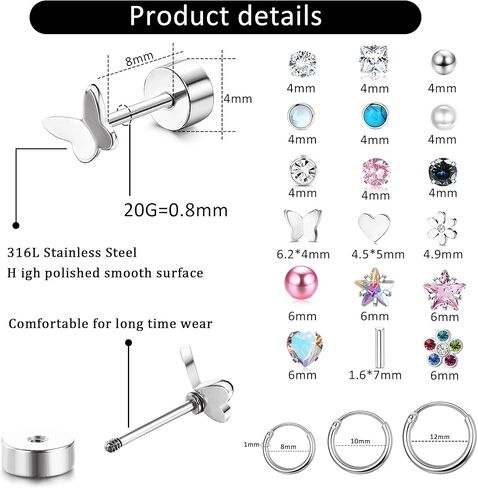 FUNRUN JEWELRY 21 Pairs Small Stainless Steel Stud Earrings for Women Hypoallergenic Silver Stud Earrings 20G Flat Back Earrings Hoop Earrings Cartilage Helix Earrings Piercing Jewelry, Metal, No in Kuwait