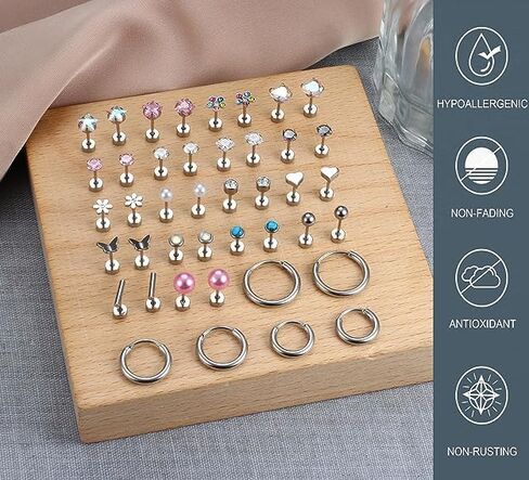 FUNRUN JEWELRY 21 Pairs Small Stainless Steel Stud Earrings for Women Hypoallergenic Silver Stud Earrings 20G Flat Back Earrings Hoop Earrings Cartilage Helix Earrings Piercing Jewelry, Metal, No in Kuwait