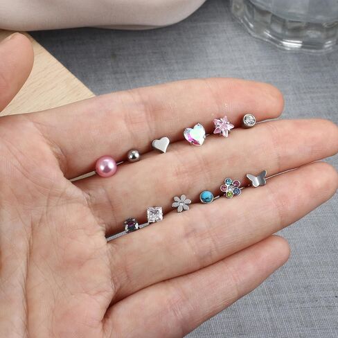 FUNRUN JEWELRY 21 Pairs Small Stainless Steel Stud Earrings for Women Hypoallergenic Silver Stud Earrings 20G Flat Back Earrings Hoop Earrings Cartilage Helix Earrings Piercing Jewelry, Metal, No in Kuwait