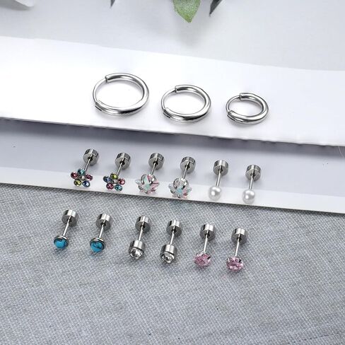 FUNRUN JEWELRY 21 Pairs Small Stainless Steel Stud Earrings for Women Hypoallergenic Silver Stud Earrings 20G Flat Back Earrings Hoop Earrings Cartilage Helix Earrings Piercing Jewelry, Metal, No in Kuwait