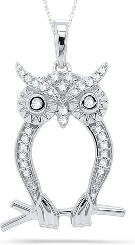 Poshadime Bali-Style Owl Pendant Necklace - 14K White Gold Plated Round Cut Real Diamond Owl Bird Animal Necklace Pendant With 18" Chain (0.10 Carat, I-J Color, I2 Clarity), Metal Stone, Diamond in Saudi Arabia