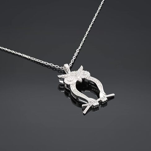 Poshadime Bali-Style Owl Pendant Necklace - 14K White Gold Plated Round Cut Real Diamond Owl Bird Animal Necklace Pendant With 18" Chain (0.10 Carat, I-J Color, I2 Clarity), Metal Stone, Diamond in Saudi Arabia