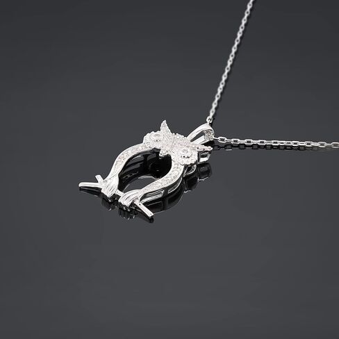 Poshadime Bali-Style Owl Pendant Necklace - 14K White Gold Plated Round Cut Real Diamond Owl Bird Animal Necklace Pendant With 18" Chain (0.10 Carat, I-J Color, I2 Clarity), Metal Stone, Diamond in Saudi Arabia